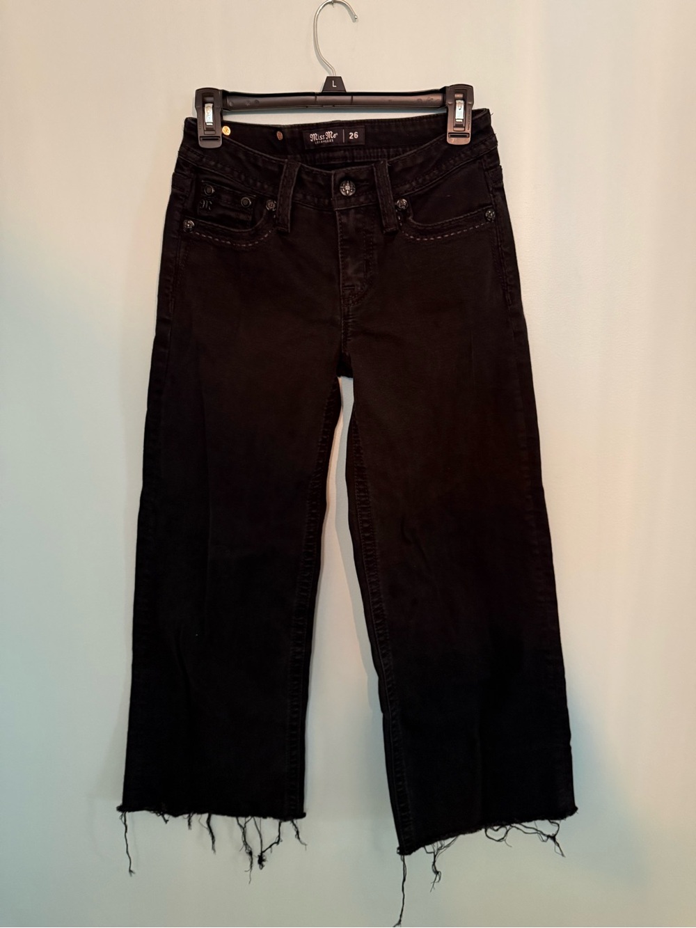 Miss Me Black Cropped Raw-Hem Straight Jeans